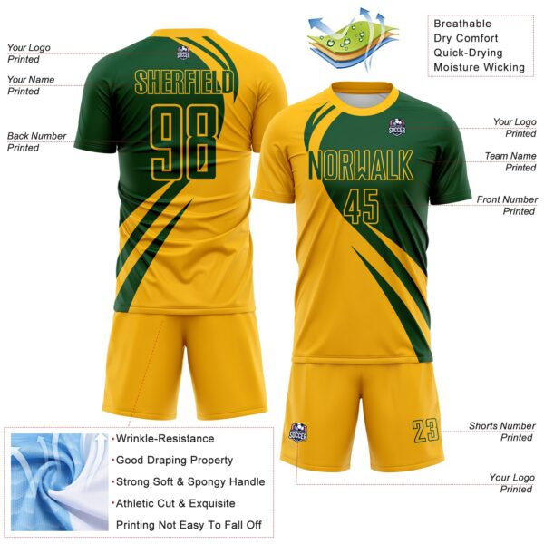 Custom Gold Green Diagonal Streamline Color Block Swirl Curve Lines Sublimation Soccer Uniform Jersey