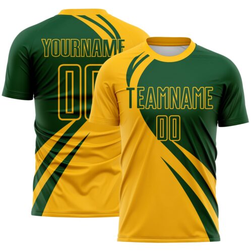 Custom Gold Green Diagonal Streamline Color Block Swirl Curve Lines Sublimation Soccer Uniform Jersey