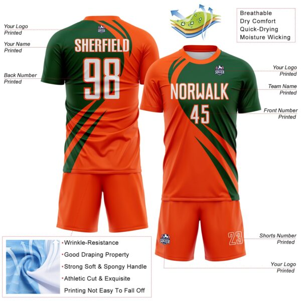 Custom Orange White-Green Diagonal Streamline Color Block Swirl Curve Lines Sublimation Soccer Uniform Jersey