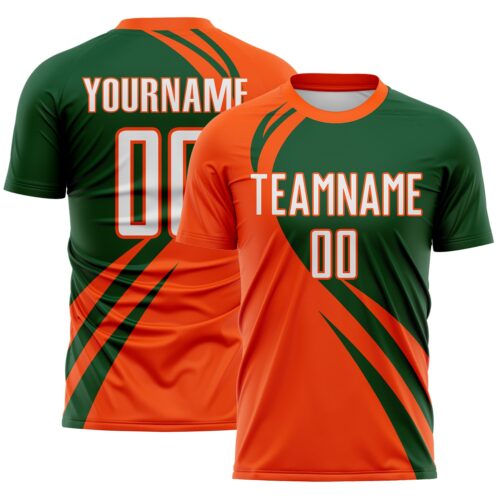 Custom Orange White-Green Diagonal Streamline Color Block Swirl Curve Lines Sublimation Soccer Uniform Jersey