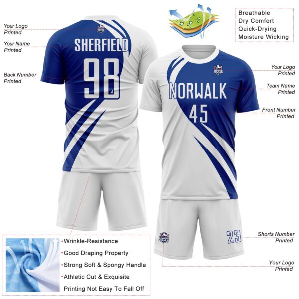 Custom White Royal Diagonal Streamline Color Block Swirl Curve Lines Sublimation Soccer Uniform Jersey
