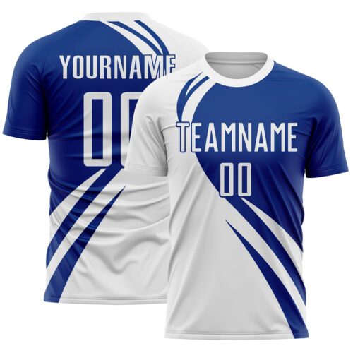 Custom White Royal Diagonal Streamline Color Block Swirl Curve Lines Sublimation Soccer Uniform Jersey
