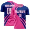 Custom Pink White-Royal Diagonal Streamline Color Block Swirl Curve Lines Sublimation Soccer Uniform Jersey