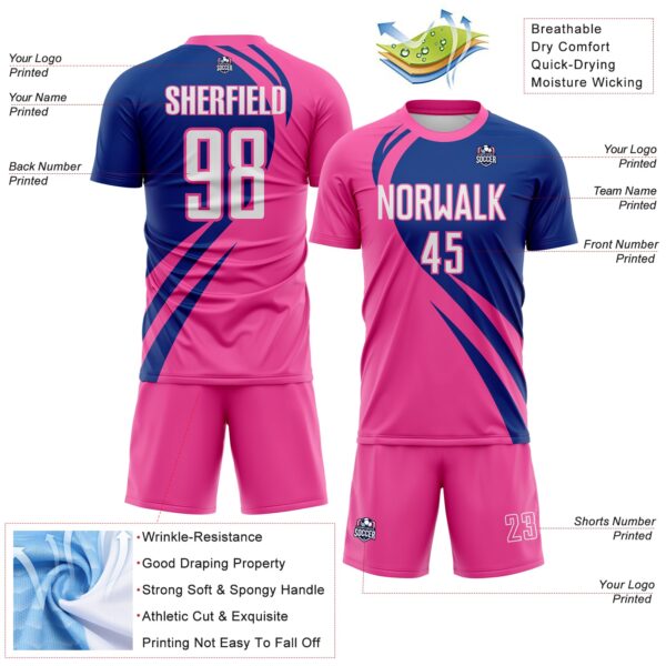 Custom Pink White-Royal Diagonal Streamline Color Block Swirl Curve Lines Sublimation Soccer Uniform Jersey