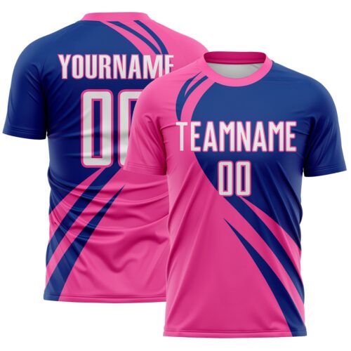 Custom Pink White-Royal Diagonal Streamline Color Block Swirl Curve Lines Sublimation Soccer Uniform Jersey