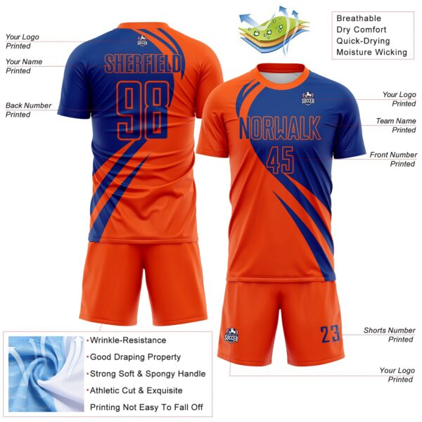 Custom Orange Royal Diagonal Streamline Color Block Swirl Curve Lines Sublimation Soccer Uniform Jersey