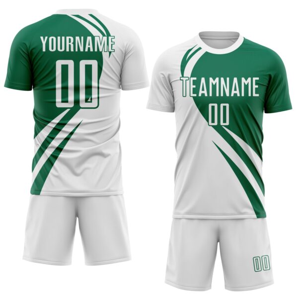 Custom White Kelly Green Diagonal Streamline Color Block Swirl Curve Lines Sublimation Soccer Uniform Jersey