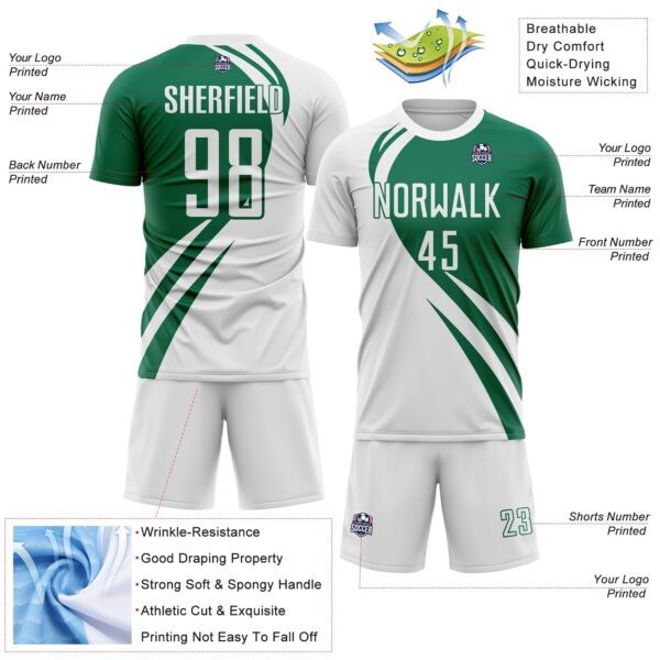 Custom White Kelly Green Diagonal Streamline Color Block Swirl Curve Lines Sublimation Soccer Uniform Jersey