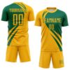 Custom Gold Kelly Green Diagonal Streamline Color Block Swirl Curve Lines Sublimation Soccer Uniform Jersey