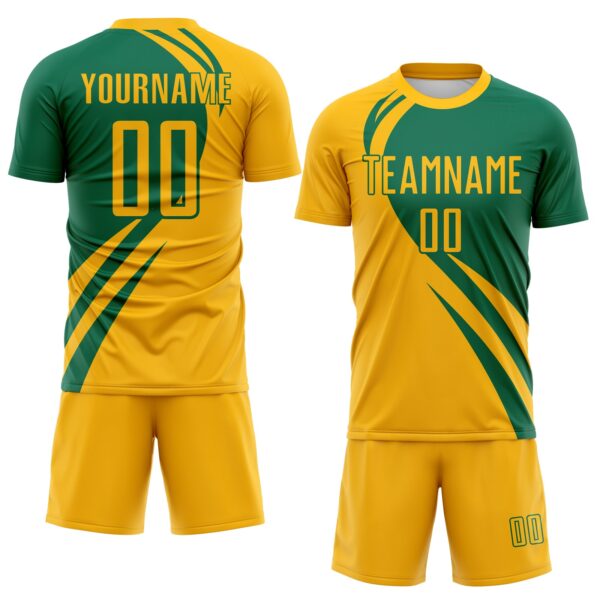 Custom Gold Kelly Green Diagonal Streamline Color Block Swirl Curve Lines Sublimation Soccer Uniform Jersey