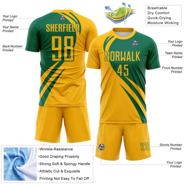 Custom Gold Kelly Green Diagonal Streamline Color Block Swirl Curve Lines Sublimation Soccer Uniform Jersey