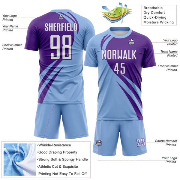 Custom Light Blue White-Purple Diagonal Streamline Color Block Swirl Curve Lines Sublimation Soccer Uniform Jersey