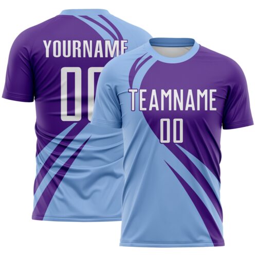 Custom Light Blue White-Purple Diagonal Streamline Color Block Swirl Curve Lines Sublimation Soccer Uniform Jersey