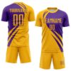 Custom Gold Purple Diagonal Streamline Color Block Swirl Curve Lines Sublimation Soccer Uniform Jersey