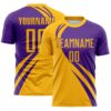 Custom Gold Purple Diagonal Streamline Color Block Swirl Curve Lines Sublimation Soccer Uniform Jersey