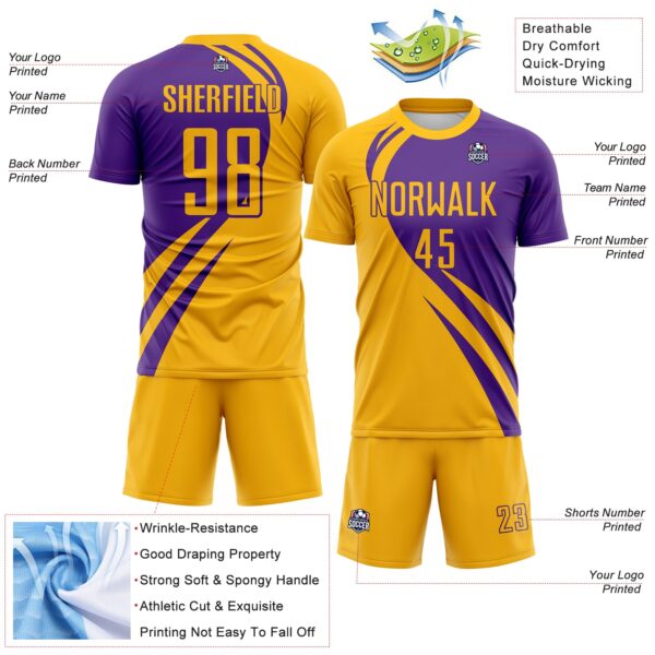 Custom Gold Purple Diagonal Streamline Color Block Swirl Curve Lines Sublimation Soccer Uniform Jersey