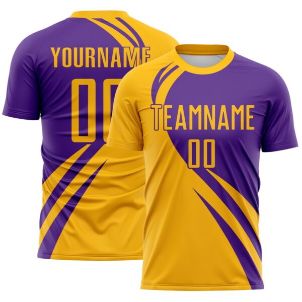 Custom Gold Purple Diagonal Streamline Color Block Swirl Curve Lines Sublimation Soccer Uniform Jersey