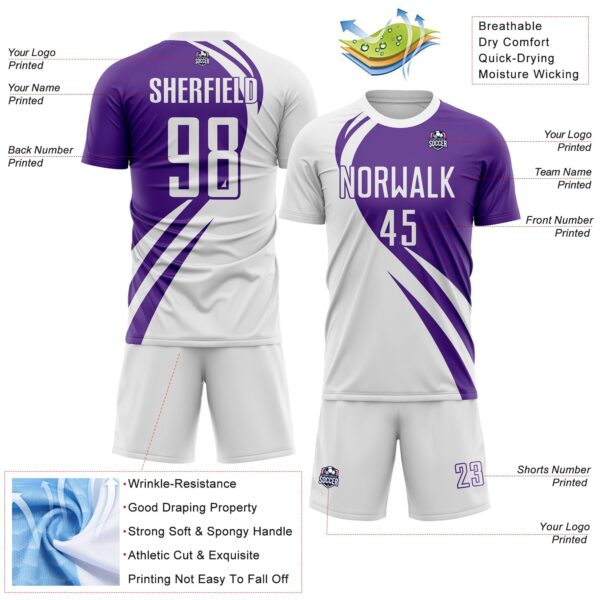 Custom White Purple Diagonal Streamline Color Block Swirl Curve Lines Sublimation Soccer Uniform Jersey