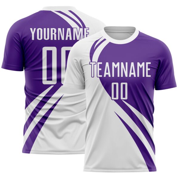 Custom White Purple Diagonal Streamline Color Block Swirl Curve Lines Sublimation Soccer Uniform Jersey