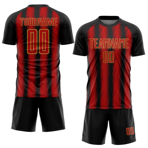 Custom Black Red-Old Gold Vertical Brush Stroke Stripes Sublimation Soccer Uniform Jersey