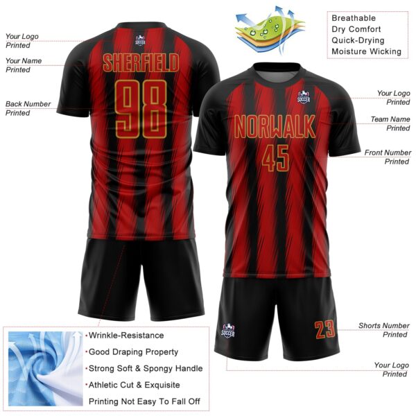 Custom Black Red-Old Gold Vertical Brush Stroke Stripes Sublimation Soccer Uniform Jersey
