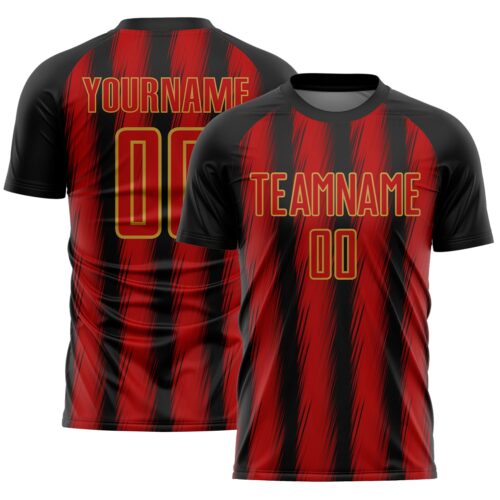 Custom Black Red-Old Gold Vertical Brush Stroke Stripes Sublimation Soccer Uniform Jersey