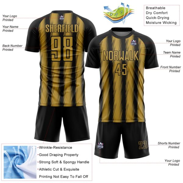 Custom Black Old Gold Vertical Brush Stroke Stripes Sublimation Soccer Uniform Jersey