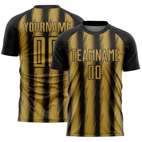 Custom Black Old Gold Vertical Brush Stroke Stripes Sublimation Soccer Uniform Jersey