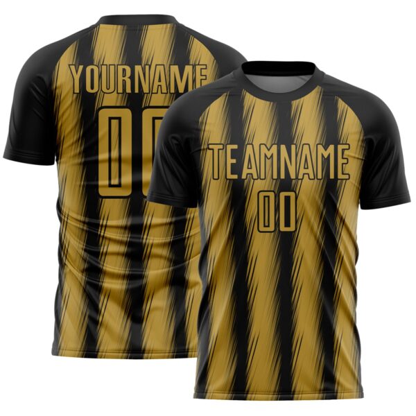 Custom Black Old Gold Vertical Brush Stroke Stripes Sublimation Soccer Uniform Jersey
