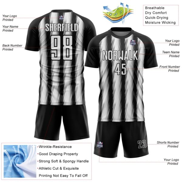 Custom Black White Vertical Brush Stroke Stripes Sublimation Soccer Uniform Jersey