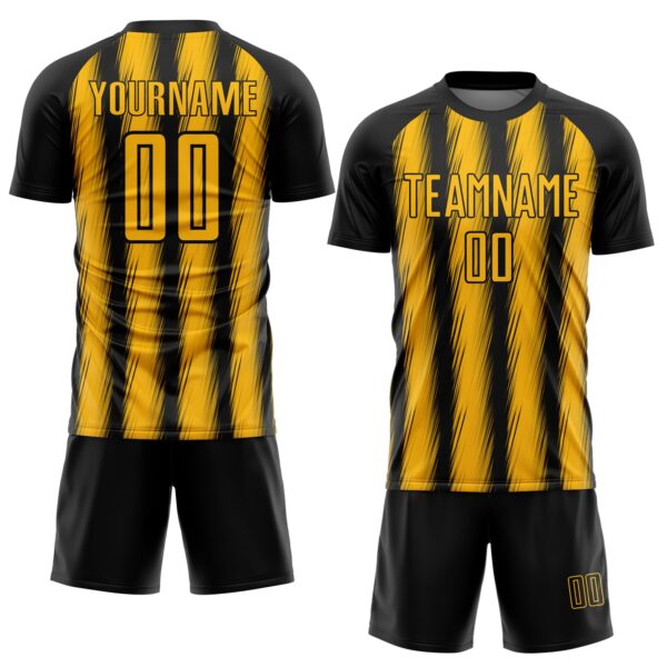 Custom Black Gold Vertical Brush Stroke Stripes Sublimation Soccer Uniform Jersey