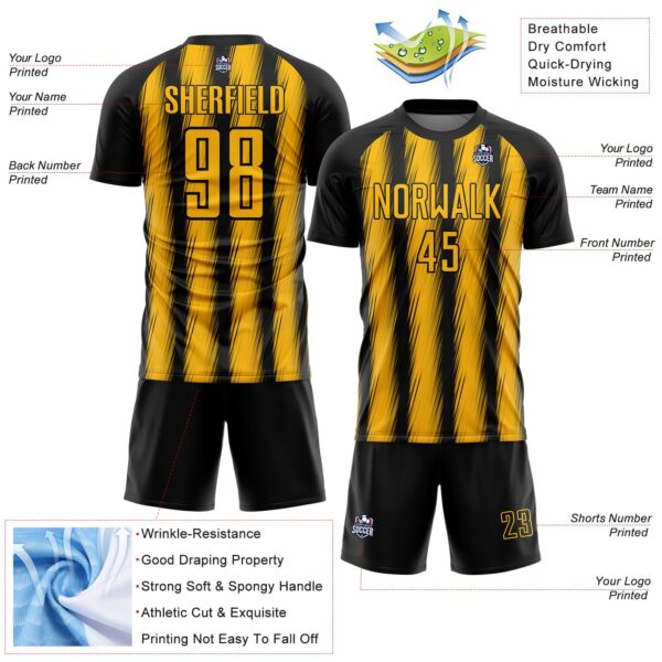 Custom Black Gold Vertical Brush Stroke Stripes Sublimation Soccer Uniform Jersey
