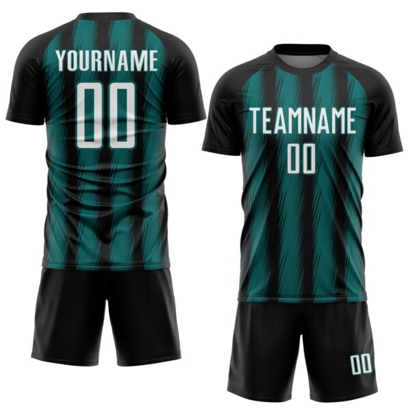 Custom Black White-Teal Vertical Brush Stroke Stripes Sublimation Soccer Uniform Jersey
