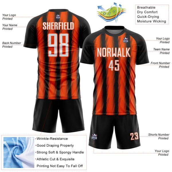 Custom Black White-Orange Vertical Brush Stroke Stripes Sublimation Soccer Uniform Jersey
