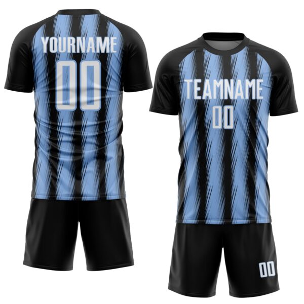 Custom Black White-Light Blue Vertical Brush Stroke Stripes Sublimation Soccer Uniform Jersey
