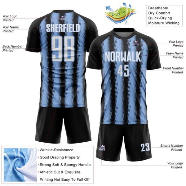 Custom Black White-Light Blue Vertical Brush Stroke Stripes Sublimation Soccer Uniform Jersey