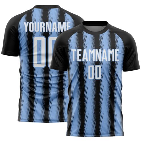 Custom Black White-Light Blue Vertical Brush Stroke Stripes Sublimation Soccer Uniform Jersey