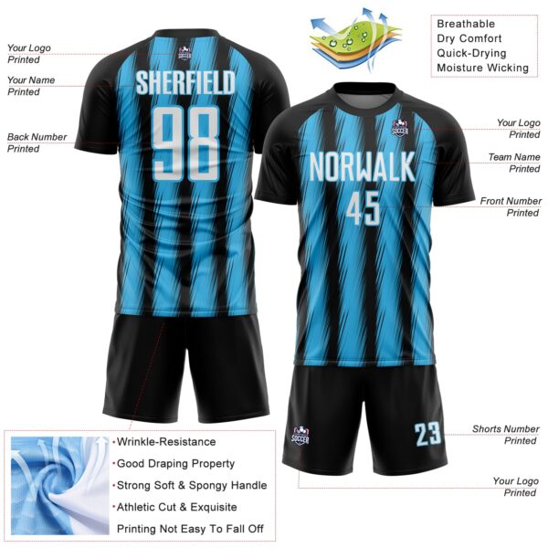 Custom Black White-Sky Blue Vertical Brush Stroke Stripes Sublimation Soccer Uniform Jersey