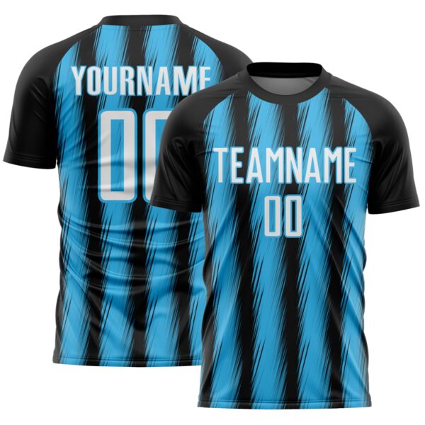 Custom Black White-Sky Blue Vertical Brush Stroke Stripes Sublimation Soccer Uniform Jersey
