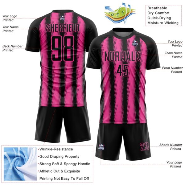 Custom Black Pink Vertical Brush Stroke Stripes Sublimation Soccer Uniform Jersey