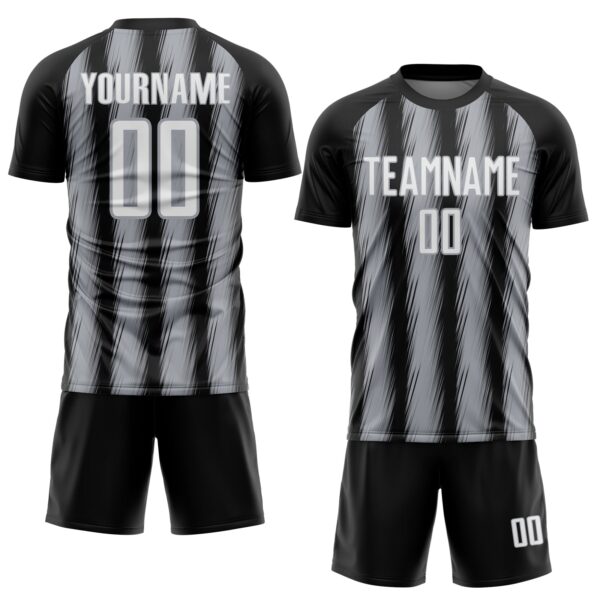 Custom Black White-Gray Vertical Brush Stroke Stripes Sublimation Soccer Uniform Jersey