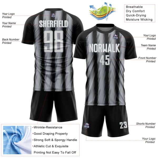 Custom Black White-Gray Vertical Brush Stroke Stripes Sublimation Soccer Uniform Jersey