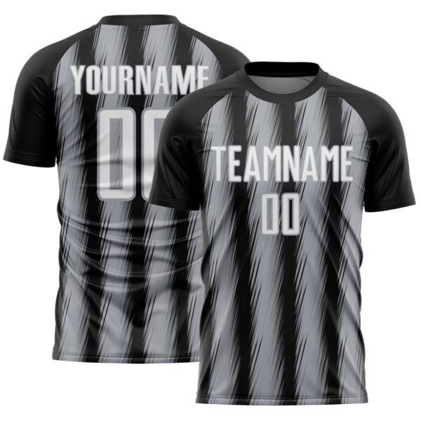 Custom Black White-Gray Vertical Brush Stroke Stripes Sublimation Soccer Uniform Jersey