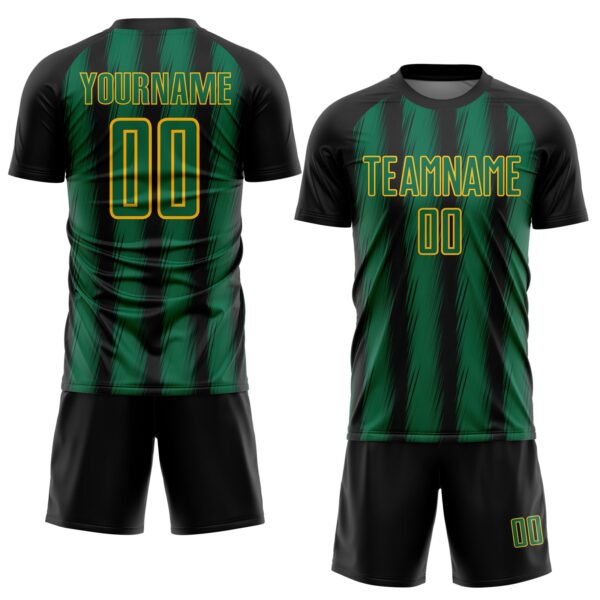 Custom Black Kelly Green-Gold Vertical Brush Stroke Stripes Sublimation Soccer Uniform Jersey