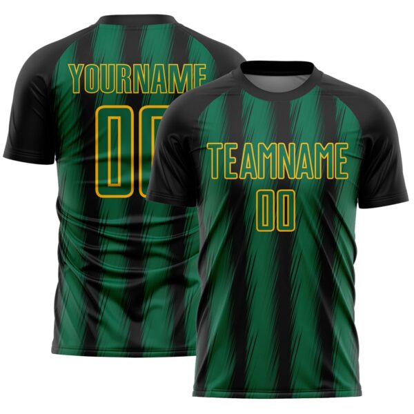Custom Black Kelly Green-Gold Vertical Brush Stroke Stripes Sublimation Soccer Uniform Jersey