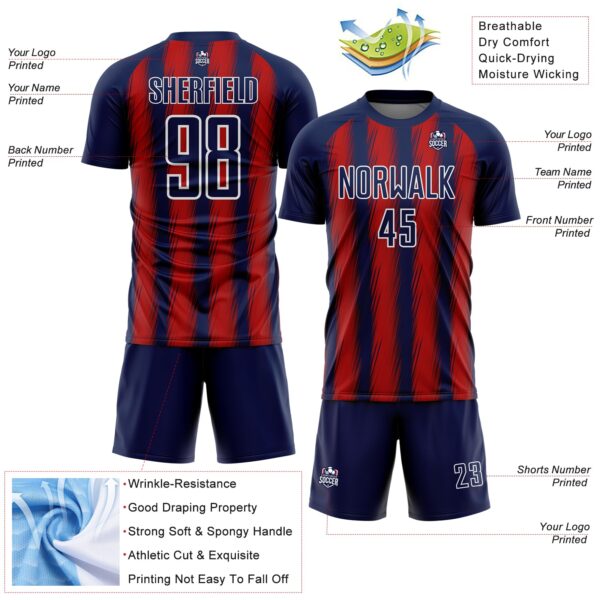 Custom Navy Red-White Vertical Brush Stroke Stripes Sublimation Soccer Uniform Jersey
