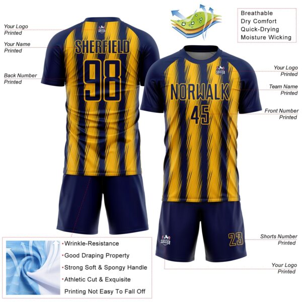 Custom Navy Gold Vertical Brush Stroke Stripes Sublimation Soccer Uniform Jersey