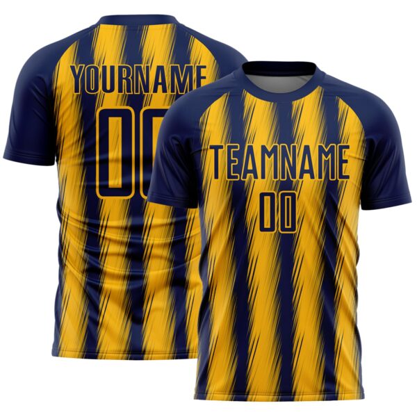 Custom Navy Gold Vertical Brush Stroke Stripes Sublimation Soccer Uniform Jersey