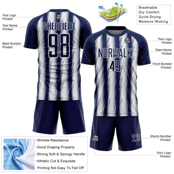 Custom Navy White Vertical Brush Stroke Stripes Sublimation Soccer Uniform Jersey