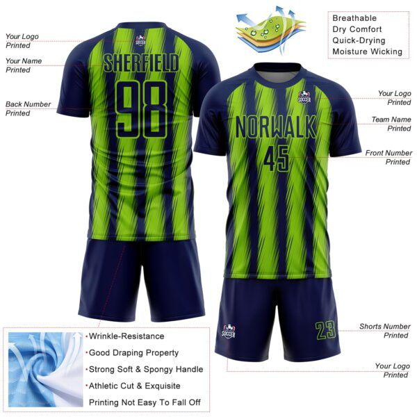 Custom Navy Neon Green Vertical Brush Stroke Stripes Sublimation Soccer Uniform Jersey